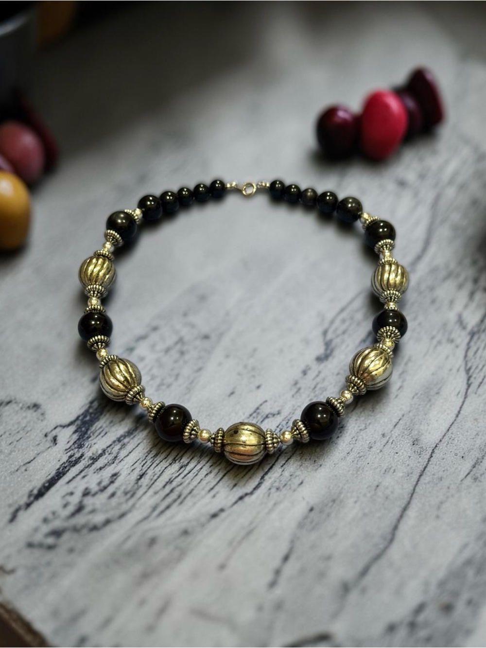 Vintage Silver Tone and Black Lightweight Beaded Statement Necklace